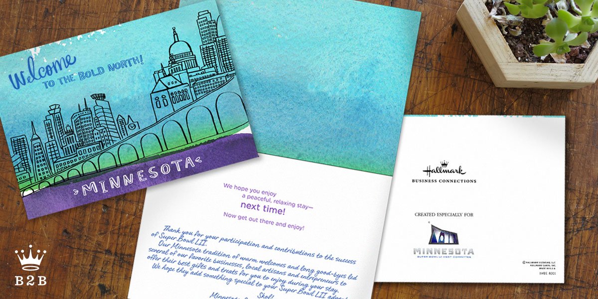 Who better to help <a href="/MNSuperBowl2018/">Minnesota Super Bowl</a> welcome VIP guests to #MN than @HallmarkB2B? We’re headquartered in downtown Minneapolis—an extension of Hallmark Cards in Kansas City. We’re thrilled to be part of this warm welcome to the #BoldNorth! #SBLII #FlyEaglesFly #GoPats