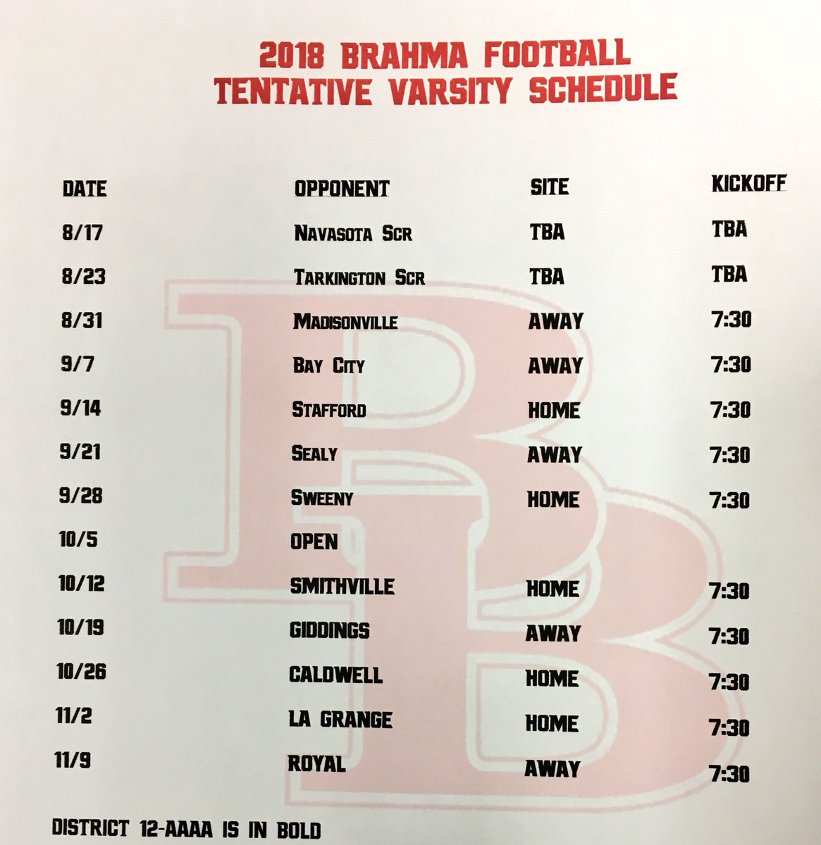 bellville_rowe's tweet photo. Brahma Football - Tentative Schedule
#notfinalized #12aaaa https://t.co/A5Vh71d4ES