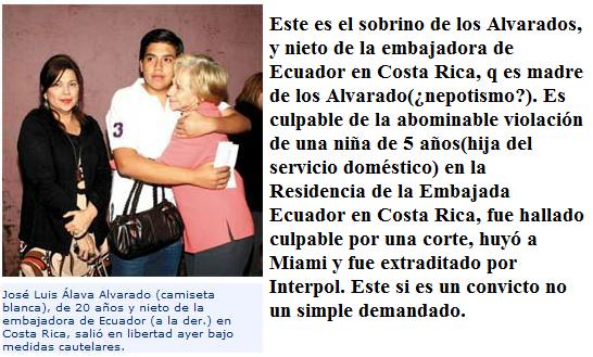 TuLuchaMiLucha's tweet photo. José Luis Álava Alvarado en 2007 violó a una niña de cinco años en la sede de la embajada de Ecuador en Costa Rica, mientras era embajadora  la “doctora” Daisy Espinel, abuela del violador y madre de los Alvarado Espinel.  En 2011 fue condenado a 5 años de prisión #NuevosRicos https://t.co/sWzGxlNx16