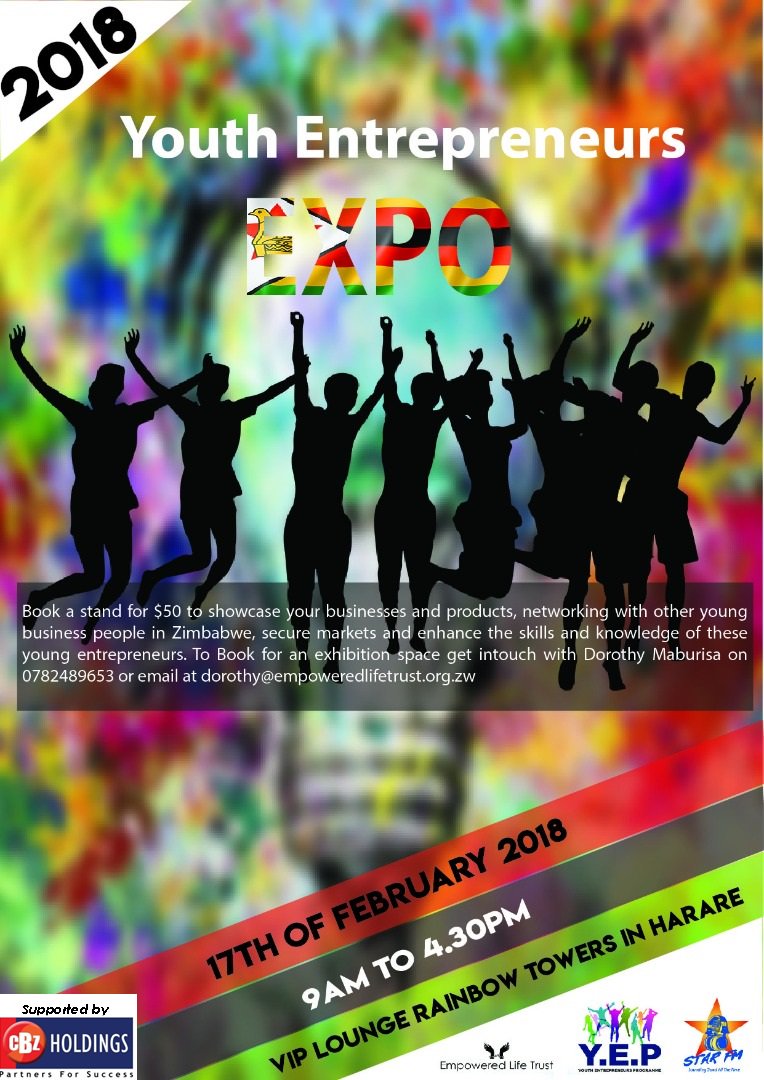 CBZHoldings's tweet photo. Here is a chance for you to show case your business and products at the Youth Entrepreneurs Expo to be held on 17 February 2018. All the booking details are on the flyer. #YEP2017 #PartnersForSuccess https://t.co/T7kMg0Ez0S