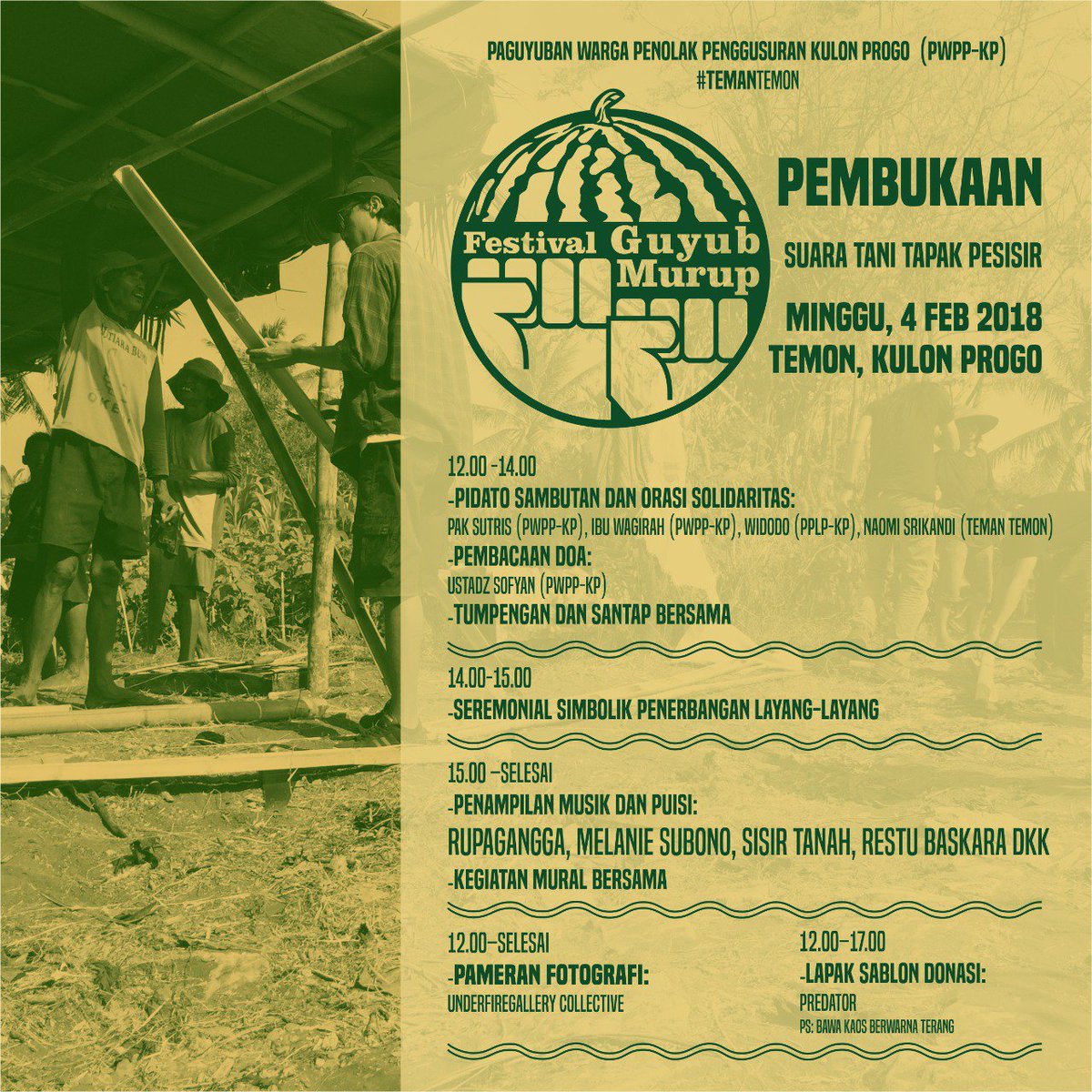 triwahyukh's tweet photo. Monggo rawuh dulur2 ke Kulon Progo. salam juang. salam budaya matur nuwun @Dandhy_Laksono @joeyakarta @dodoputrabangsa @wargaberdaya @JDA_SG_PAG @selamatkanbum1 #TemanTemon #StopNYIA #FestivalGuyupMurup #GuyupMurup
#Pembukaan https://t.co/g8ah26TpEE