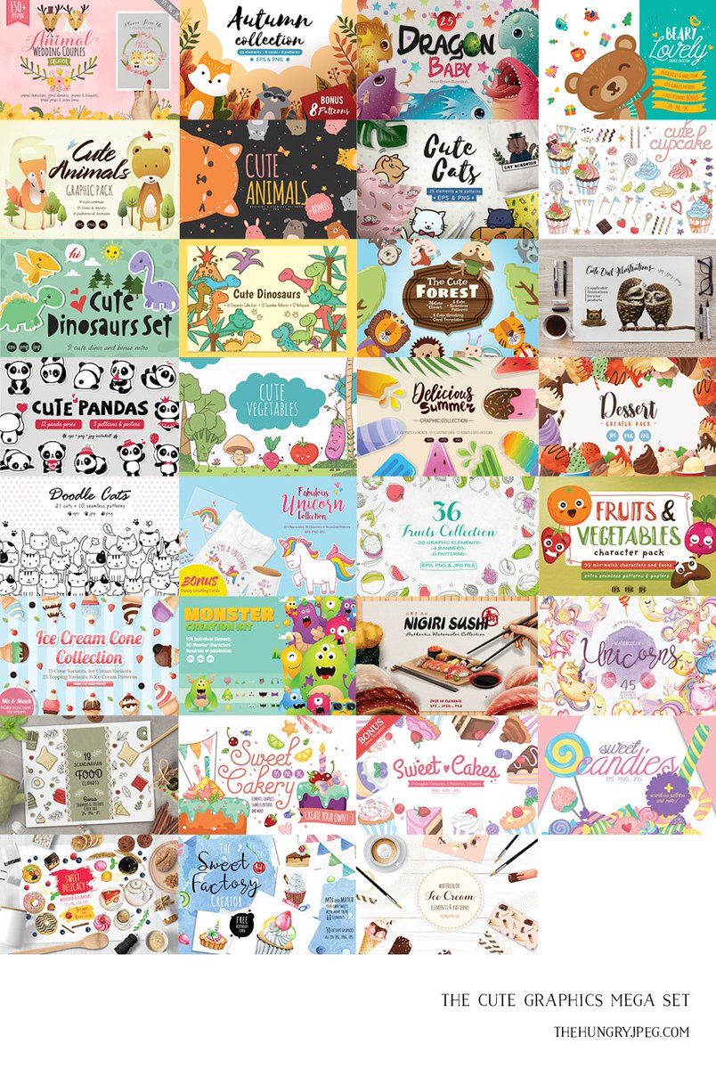gizmo401's tweet image. The Cute Graphics Mega Set (97% OFF!) via @thehungryjpeg | thehungryjpeg.com/bundle/119028-…
#CuteGraphics #DesignElements #Dinosaurs #Dragon #Critters #Owls #Fruits #Vegetables #Unicorns #Sweets #Cakes #Cupcakes #IceCream