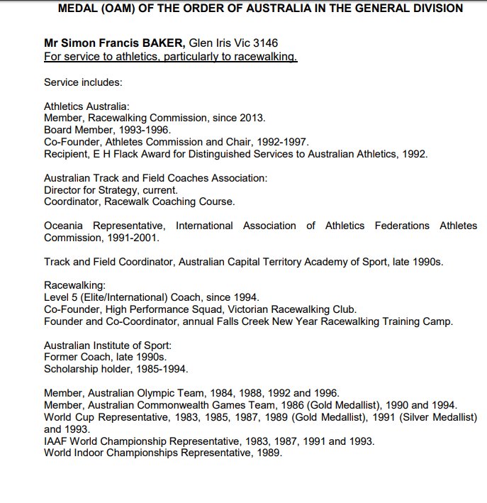 ATFCA_OFFICIAL's tweet photo. And in case you did not see the Australia Day honours lists. Mr Simon Francis BAKER,  For service to athletics, particularly to racewalking. https://t.co/03beguuSNl