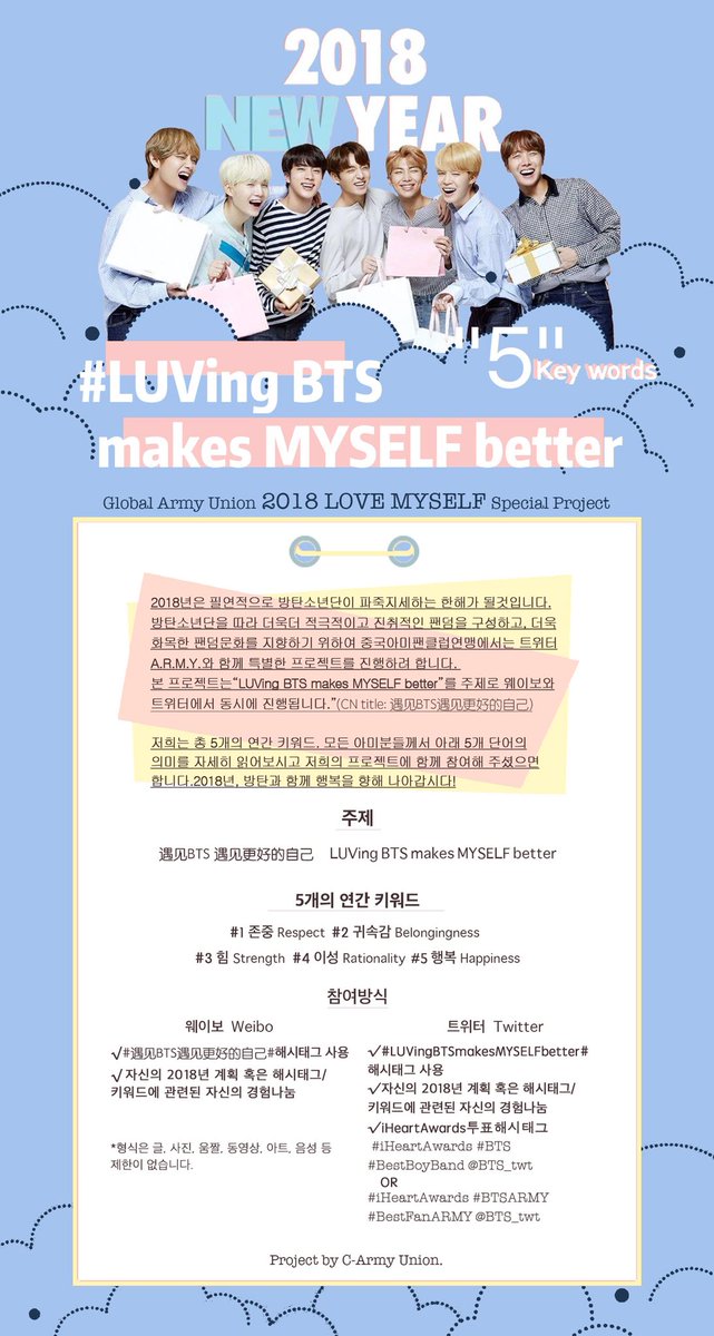 BTS__NeverEnd's tweet photo. Global A.R.M.Y Union 2018 Special Project

더 긍정적이고 더 평화로운 팬덤을 만들기 위해, 중국 아미들은 트위터에 계신 I-ARMY들을 특별 계획에 (웨이보 및 트위터 프로젝트:5가지 태그 포함) 초대하고 싶습니다.   #LUVingBTSmakesMYSELFbetter 

#iHeartAwards #BestFanArmy #BTSARMY @BTS_twt https://t.co/5HuIYRVqWC