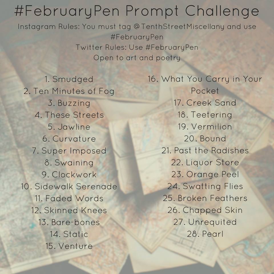 TenthStreetMisc's tweet image. Here is our February poetry challenge. Be sure to include #februarypen in your tweet so we can see/share everyone's work! #poetry #amwriting #amreading #poems #WritingLife #writingprompt #february
