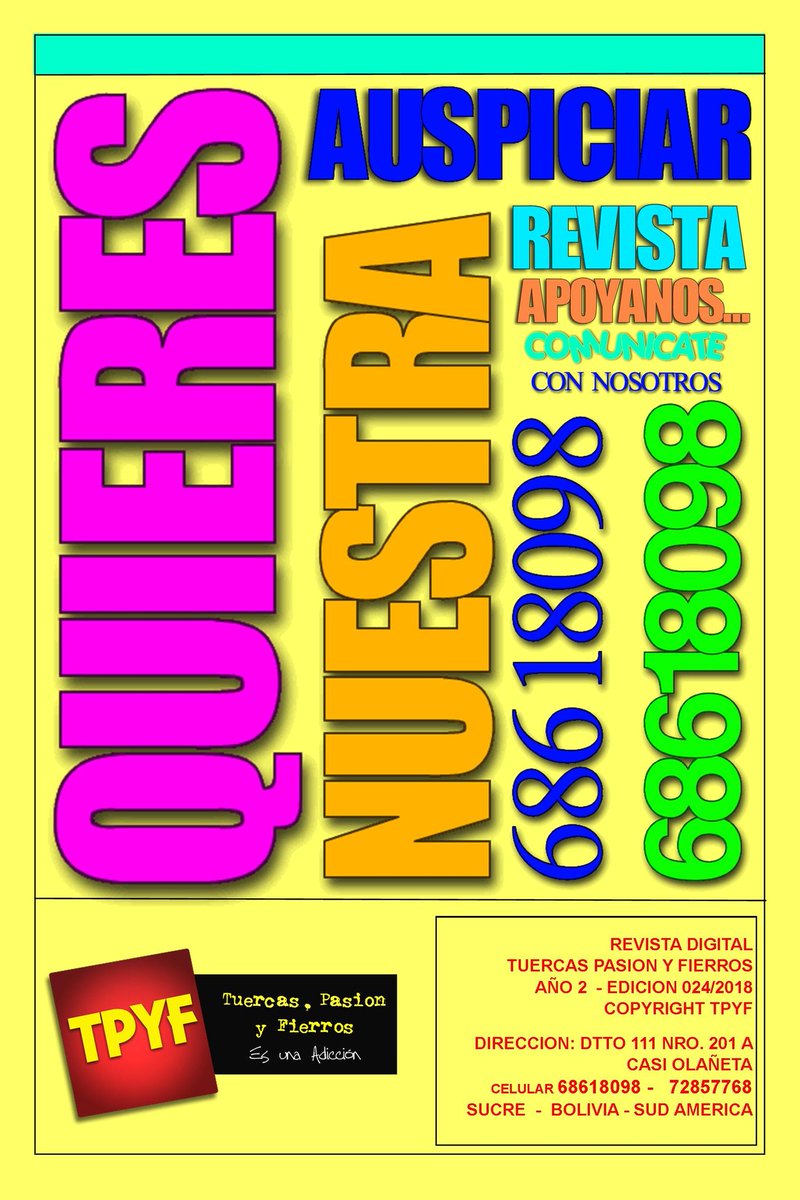 ALDOSPORTS1's tweet photo. Revista Tuercas Pasion y Fierros 
#REVISTATPYF #NRO24 #TPYF
#REVISTADIGITALTPYF #ALDOQUAGLINIJR
#BOLIVIA #URGENTE #AUTOMOVILISMO https://t.co/LxroS3CA7B