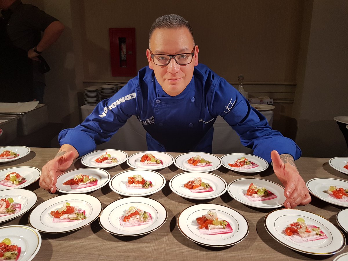 GKitchenParty's tweet image. .@chefchartrand's torched salmon with compression of shrimp, light dried grapefruit, pickled daikon, shaved celery, beet swipe, pecorino lemon oil infused cantaloupe [MYSTERY WINE EVENT]. #CCC2018