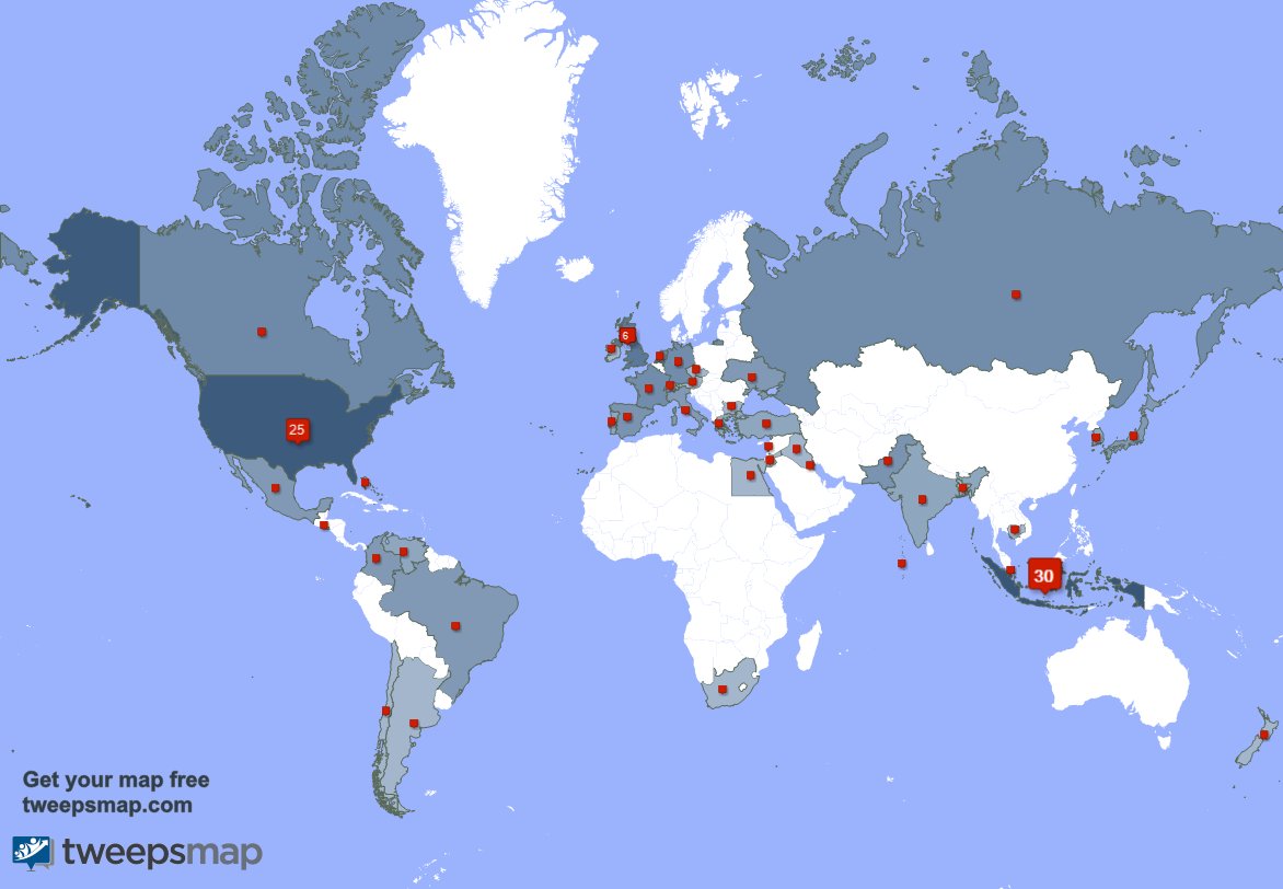 CcWongso's tweet photo. My followers live in Indonesia (29%), USA(24%)... Get your free map: https://t.co/0sOrBtGmiR https://t.co/ZNRSteLRSV