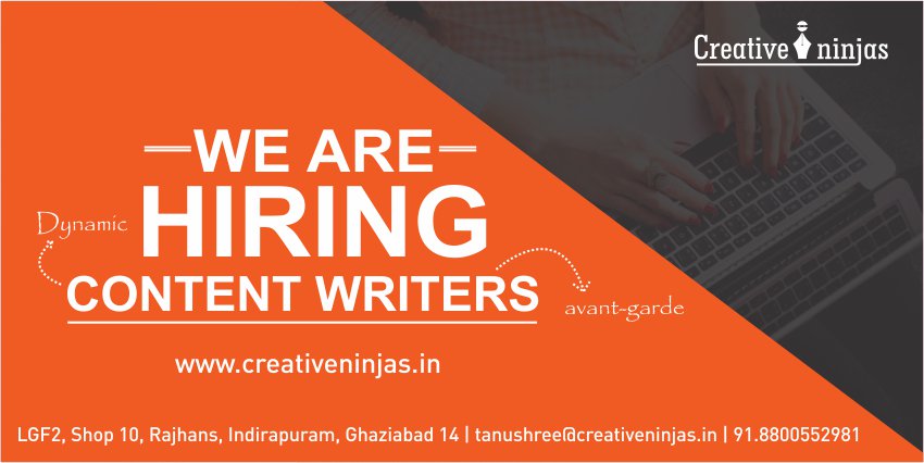 Ninjas_Creative's tweet image. Looking out for energetic people with a bent for creative writing. Must be a versatile writer, out of the box thinker with prior industry experience.
Write to me at tanushree@creativeninjas.in or Call me at 8800552981. #contentwriter #CreativeNinjas #ContentWritingJob #HIRINGNOW