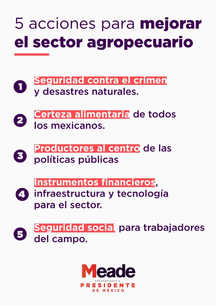 JoseAMeadeK's tweet photo. Quiero al campo mexicano y sobre todo, quiero que le vaya bien. Y para eso propongo estos 5 ejes orientados al sector agropecuario, que como parte de la Reforma al Campo, instrumentaré desde la Presidencia. https://t.co/GYGHFSZTTU