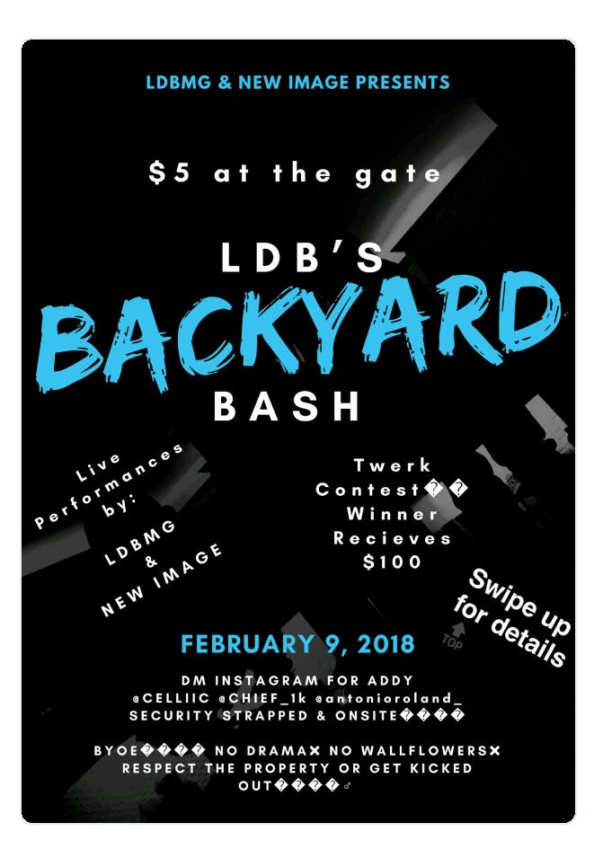 wtiti34's tweet photo. 💯💯COME THREW THIS GONE BE THAT FUNCTION YOU CANT MISS!!
#LDB &amp; #NEWIMAGE 
FILLIN UP HALF ACORE OF PROPERTY WITH #livemusic
#twerkcontest #cashprize its gone be poppin off the chain type shit haha
#newimage
#LDB
#function
#partylife 
#liveshow
#performances
#420😙💨 
#getactive https://t.co/K81SR3QHQU