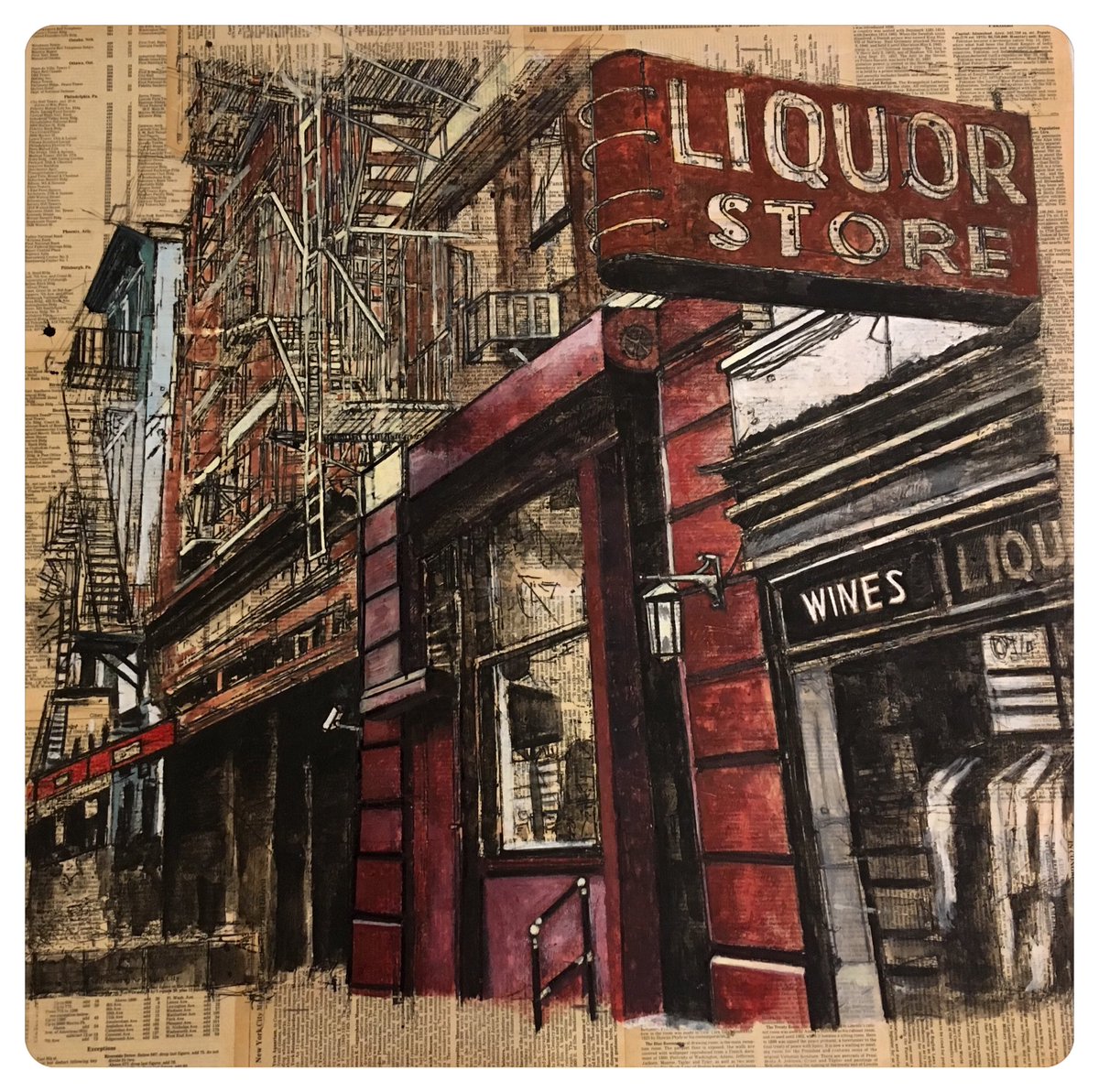 ArtOfMW's tweet photo. Progress...slow going...but going...”Liquor Store: Tribeca" (24x24 India ink, gouache &amp; paper on canvas).

#TriBeCa #OldNewYork #Manhattan #NYC #LineDrawing #UrbanSketch #UrbanSketchers #DisappearingNYC #VanishingNYC #LiquorStore #Gouache #IndiaInk #ArtOfMW #SketchCollector #WIP https://t.co/uHJ2xUsMnS