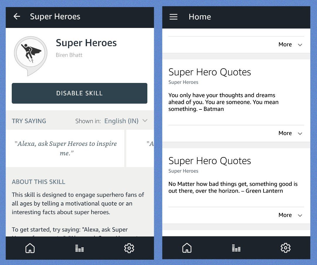 biren_bhatt's tweet photo. Christmas break project with my 12yr old son - First #AmazonAlexa skill catering to superhero fans :) Fun leaning together - #AlexaSkillKit and #Lambda on #AWS. @devpost @AmazonAppDev @amazonIN #learntocode @CSforALL @AmazonEchoIndia @amazonecho https://t.co/dydDaA4udf https://t.co/aqrH9TsV5z