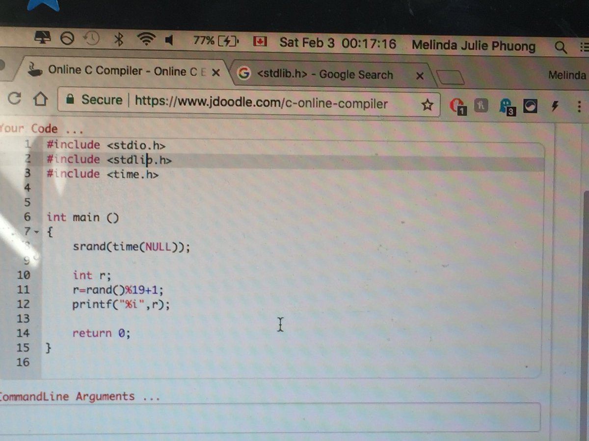 melphuong's tweet image. It only took me 2.5 hrs to figure out how to make a random number generator pick a number from 1-20 using C. Never been so proud of myself. 😭 Next task is to learn how to make this loop... #firsttimecoding @ellehacks