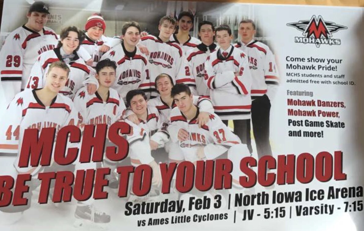 mc_mohawkhockey's tweet photo. Tomorrow night we are back at the Holler. Facing off against AMES for @MasonCityMohawk be true to your school night! COME OUT AND BE LOUD!! #MohawkNation https://t.co/jP2fXh7kZF