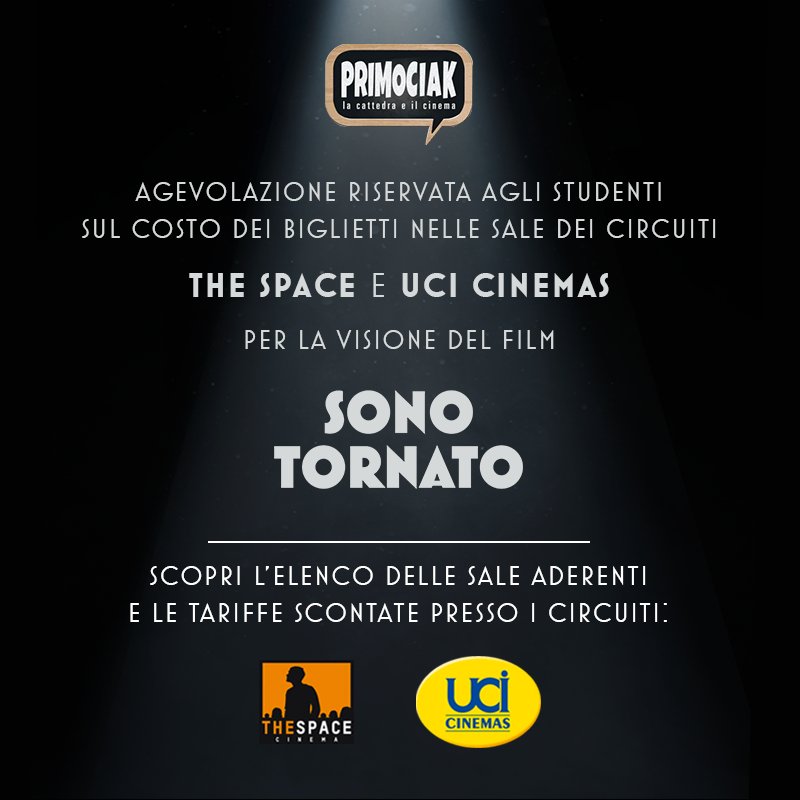 Sei uno #studente? Approfitta dell’agevolazione sul costo del biglietto nei circuiti <a href="/TheSpaceCinema/">The Space Cinema</a> e @Uci_Cinemas e partecipa con la tua classe al #contest “Sono Tornato”. In palio un incontro con Luca Miniero e <a href="/frankmatano/">Frank Matano</a>. Scropri tutti i dettagli primociak.it/news/the-space…