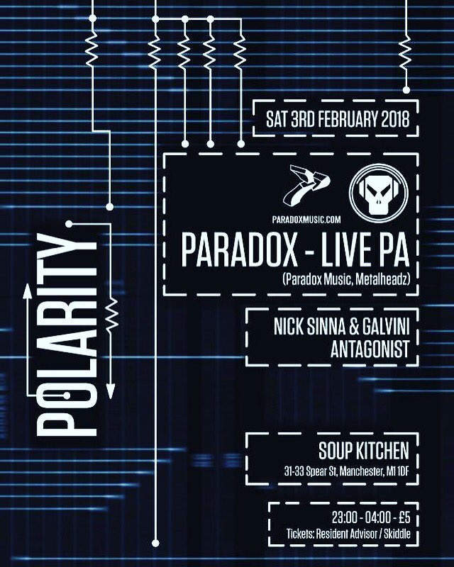 soupmanchester's tweet photo. TONIGHT - Drum and bass crew @polarity_mcr have lined a very rare live set from one of the true innovators PARADOX. @paradoxmusicuk ( @metalheadzmusic ) support - @nicksinna.
Tickets available via @dicefm . #drumandbass #mcrdnb #mcrmusic #soupkitchenmcr #metalheadz https://t.co/FHIHn1xQxa