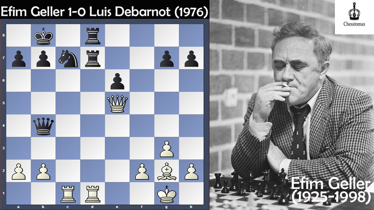 chesstomax's tweet photo. Thats the position where opponent of Soviet Chess Grandmaster Efim Geller resigned. Because he knew in the next move he was going to be crushed. Can you find winning sequence of moves here?
Its white to move and checkmate in 3.  
#chess #chesstomax #chesspuzzle #checkmate #geller https://t.co/R1P20NI9bb