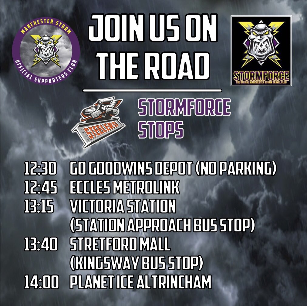 Mcr_StormForce's tweet photo. 🚏STOPS🚏Times now released for #StormForce1 to @steelershockey on Sunday! 

5 SEATS still remaining so if you want to join us 📩 travel.stormosc@gmail.com! #StormOnTheRoad https://t.co/60dPeDYhwu