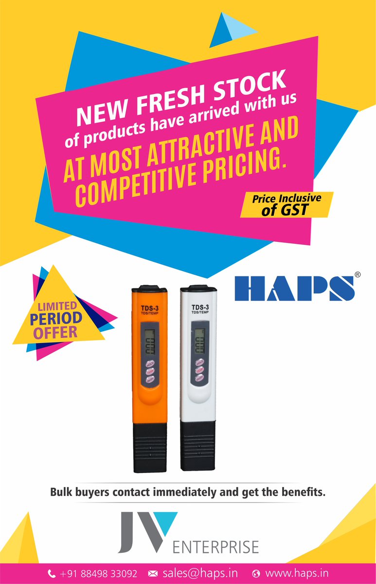 HapsGlobal's tweet photo. NEW FRESH STOCK of products have arrived with us
 AT MOST ATTRACTIVE AND COMPETITIVE PRICING.
 Test TDS of your water with HAPS TDS Meters. 
#WaterPurification, #PureWater, #IndiaDrinksPure, #TDSMeter #HealthyWater, #TDSControl, #WaterTreatment https://t.co/21EQinAkoB