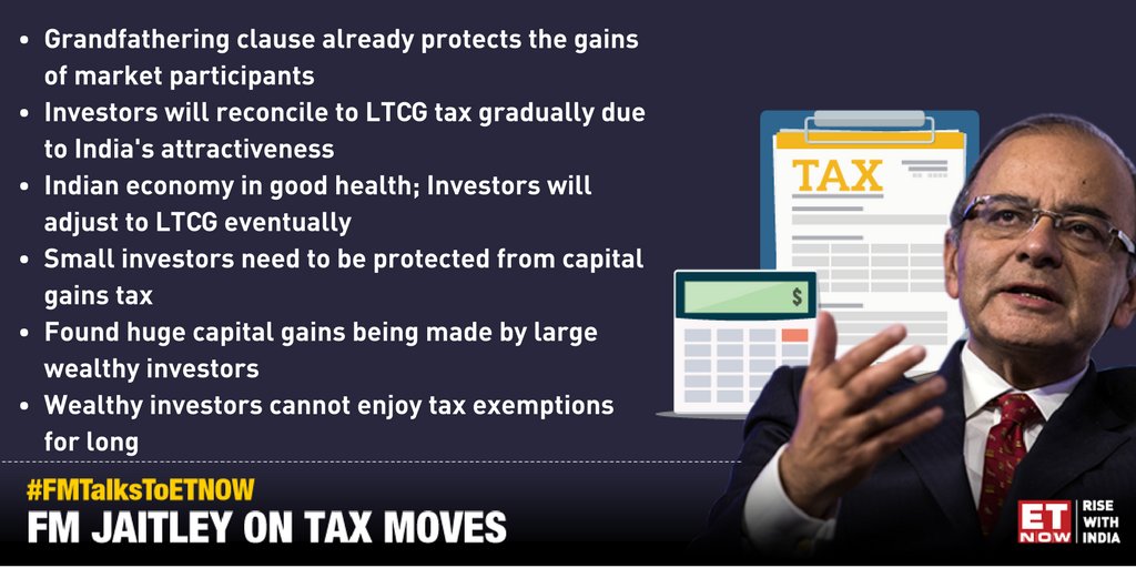 ETNOWlive's tweet photo. #FMTalksToETNOW | Finance Minister Arun Jaitley (@arunjaitley) says "Can't let wealthy investors enjoy tax exemptions for long" on re-introduction of #LTCGTax in #Budget2018. Watch ArunJaitley on ETNOW LIVE in conversation with @SupriyaShrinate https://t.co/8dxhPCmECj