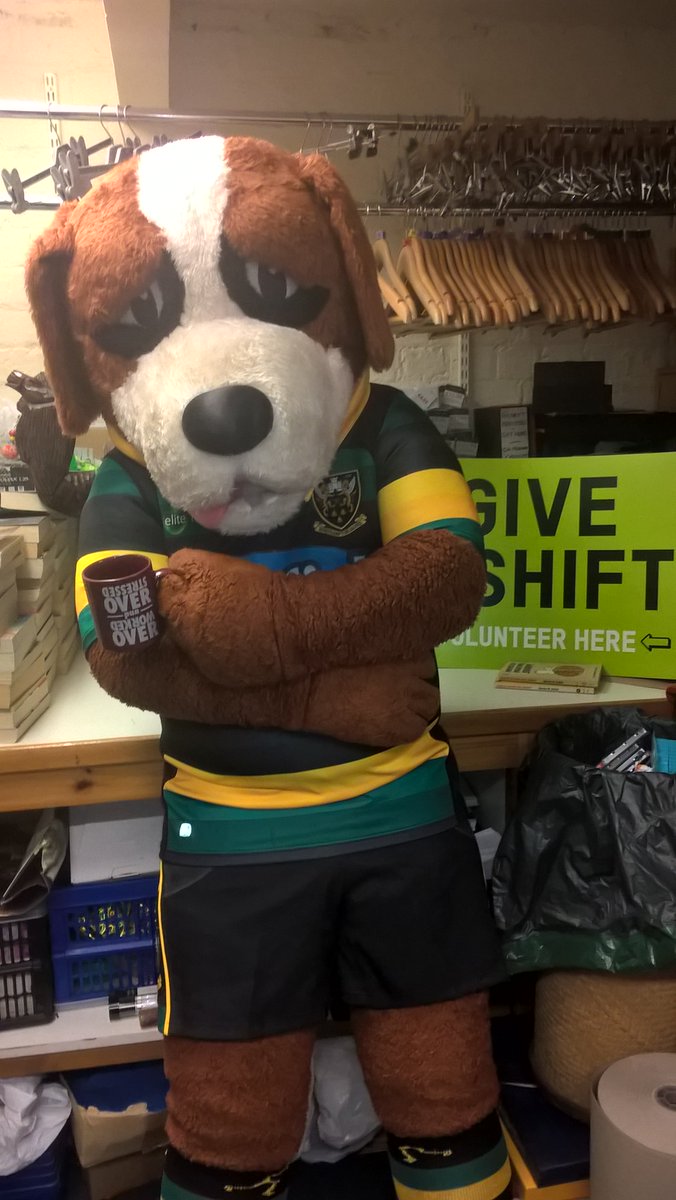 OxfamMidlands's tweet photo. Couple of years back @christianday kindly #gaveashift @oxfamnpton . Yesterday @SaintsComm Bernie the #bernesemountaindog got in on the act donating his time. He was super popular with customers & got involved in all sorts: taking donations, serving customers, steaming, ebaying https://t.co/2QrYyksk0S