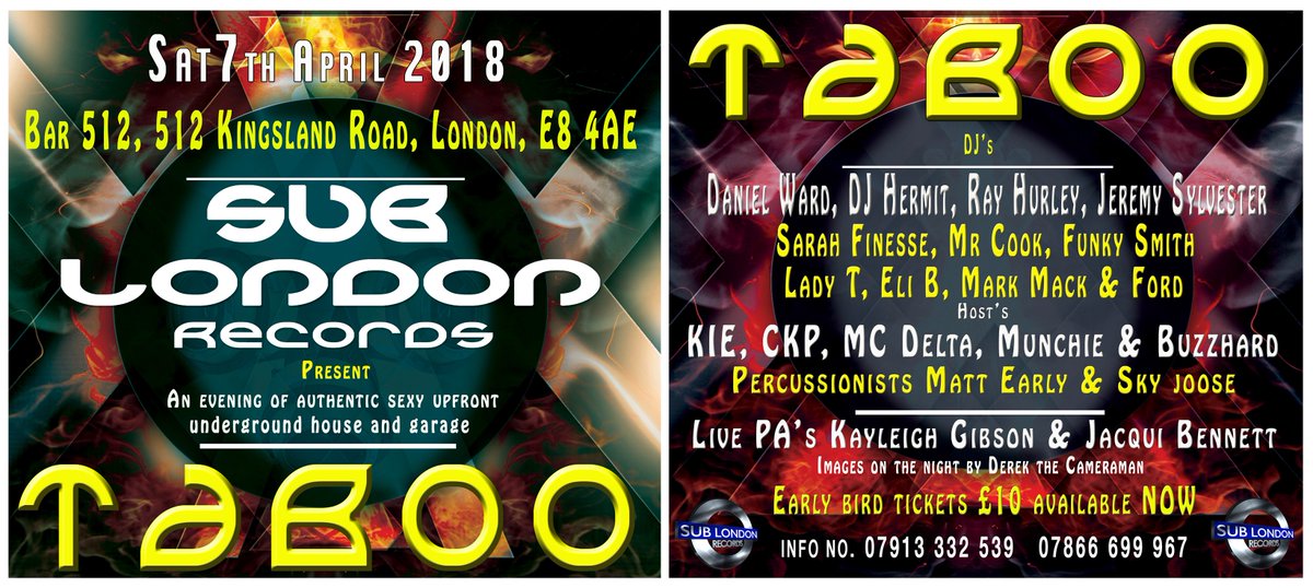 OK here we are the FULL DJ/MC lineup for TABOO 
Get your Early Bird Tickets NOW for 7 days only residentadvisor.net/events/1068199