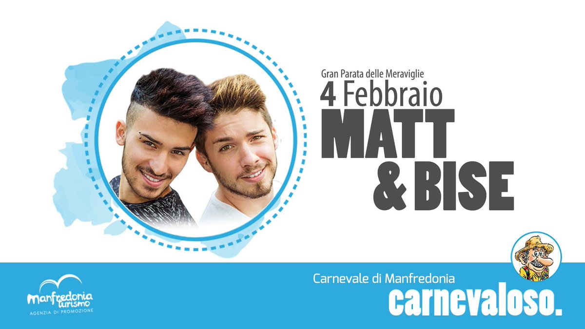 L'attesa è... quasi finita! Domani parte uffficialmente la 65^Edizione del #CarnevaleManfredonia con la particolarissima Gran Parata delle Meraviglie. Ospiti in Piazza Marconi: <a href="/ValeBise/">Bise (Matt&Bise)</a> e <a href="/MatteoPelusi/">Matt Pelusi</a>. Non mancate! ;) <a href="/RiccardiAngelo/">Angelo Riccardi</a>, <a href="/mistermazzone/">Saverio Mazzone</a>, <a href="/IlMattinoFoggia/">Il Mattino quotidiano</a>, <a href="/rec24it/">rec24.it</a>.