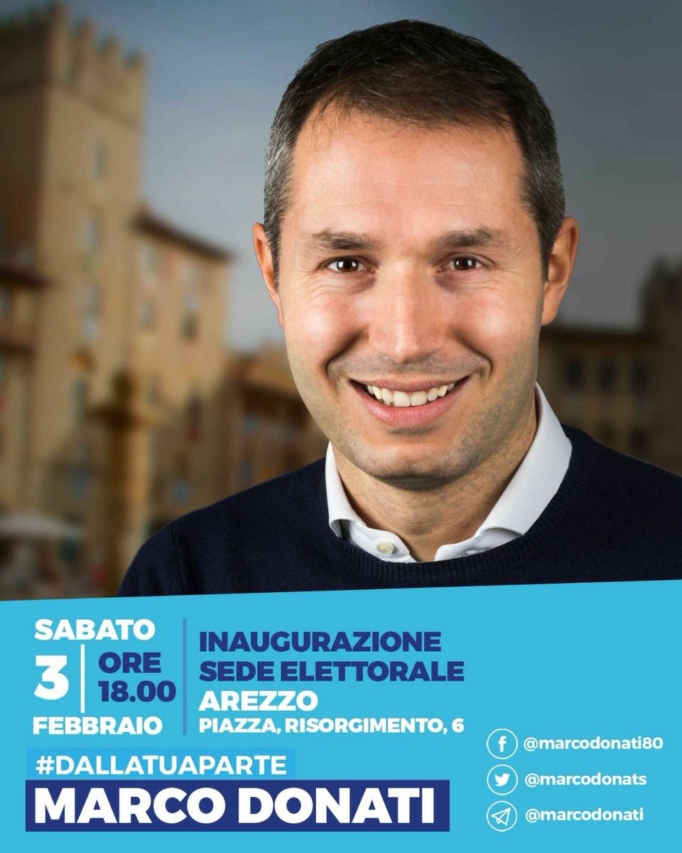 marcodonats's tweet photo. Questo pomeriggio vi aspetto alle 18, in Piazza Risorgimento ad #Arezzo, per inaugurare il mio punto elettorale. Un luogo aperto a tutta la città #dallatuaparte https://t.co/Sw2DQWfcbs