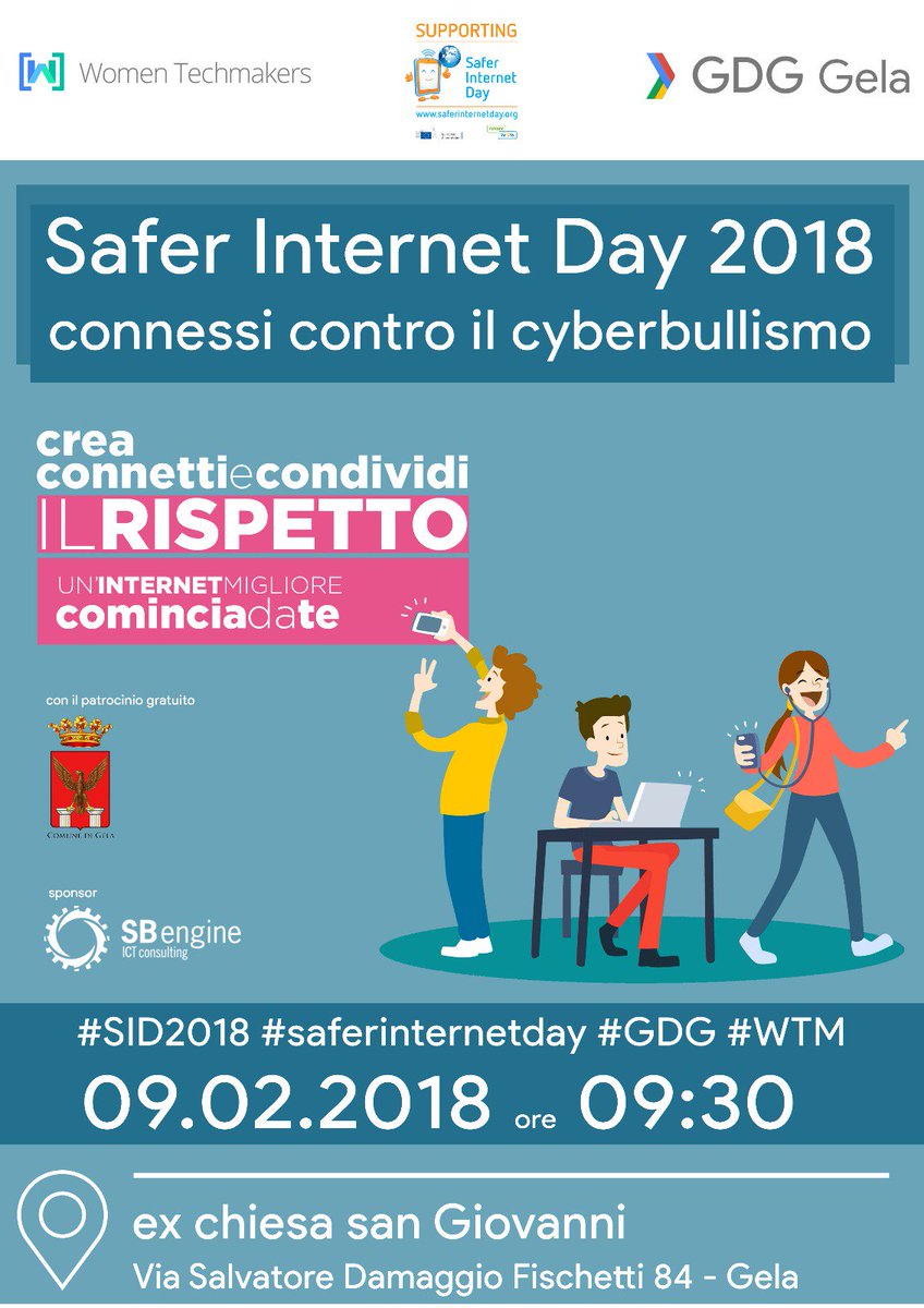 In occasione del #SaferInternetDay2018 , GDG Gela e WTM organizzano l’incontro “Connessi contro il cyberbullismo-Safer Internet Day 2018”. 
L’iniziativa si terrà giorno 9 febbraio 2018 alle ore 09:30 presso la ex Chiesa di San Giovanni Via Salvatore Damaggio Fischetti, 84, Gela.