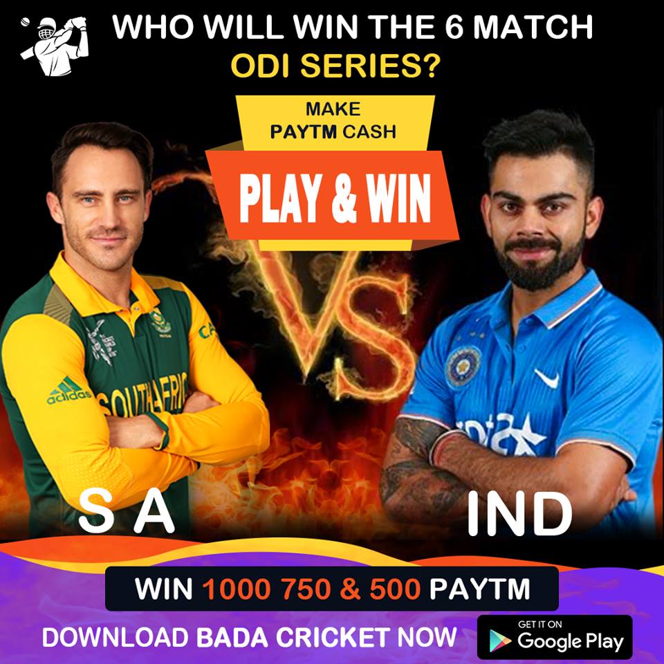 FreeTalkTime's tweet photo. Predict the winner of 6 th one day international match between India and South Africa !

Win Paytm Cash !

- https://t.co/EUtceXrEqJ

#BadaApp #PredictAndWin #WinPaytmCash https://t.co/TDuDa4RXX4