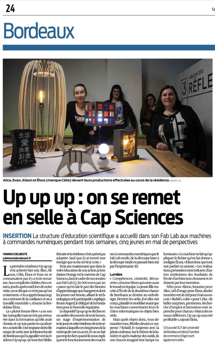 "On a appris beaucoup,on a retrouvé de la confiance et on a travaillé ensemble-J'ai trouvé une énergie qui va me servir, je crois".Les mots d'Alice, d'Alison, de Celia, d'Elora et d'Evan après la résidence #UPUPUP au @127degres,le #fablabsolidaire de <a href="/capsciences/">Cap Sciences</a> #missionslocales