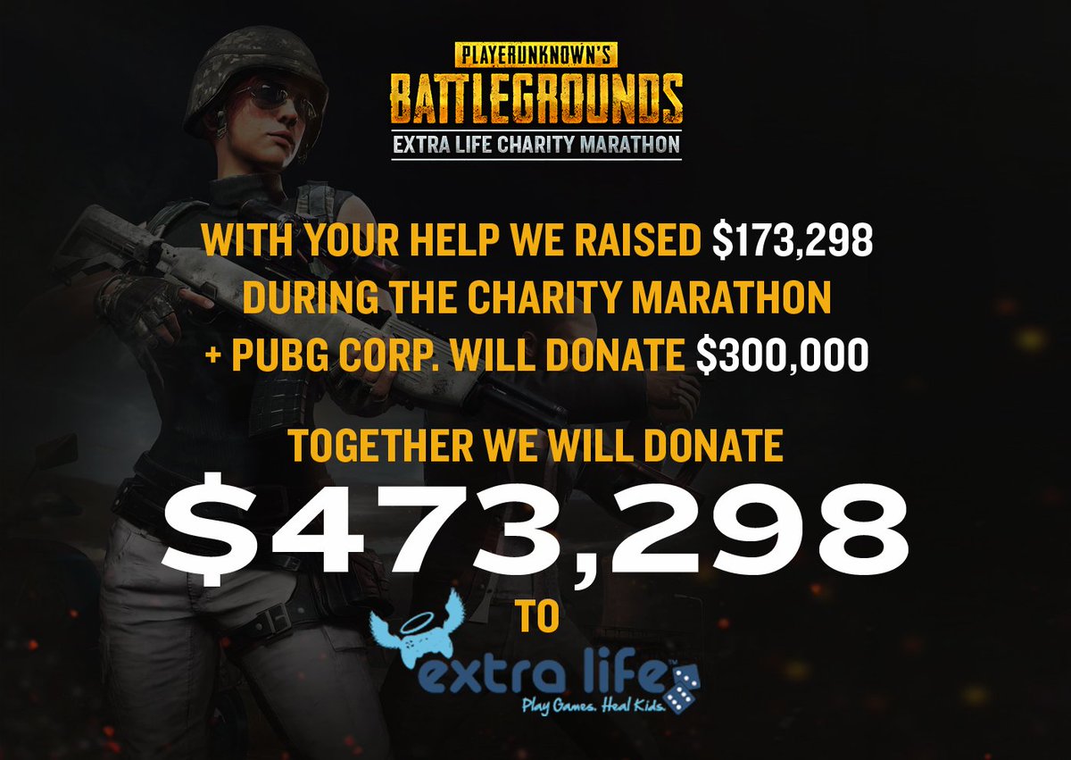 PUBG_US's tweet image. A huge thank you to everyone who participated in the @ExtraLife4Kids charity marathon livestream! Every little bit that you contributed goes a very long way.

The event is still going until February 5 so sign up and donate at extra-life.org/PUBG #ThisIsBattleRoyaleForTheKids