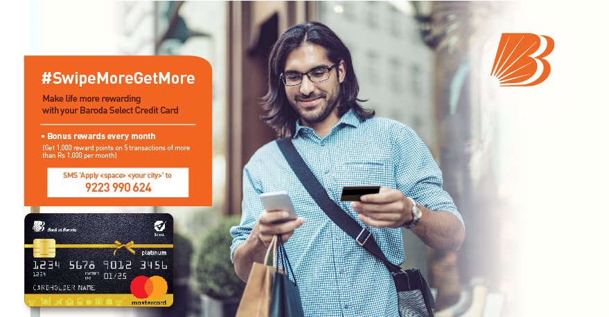 bankofbaroda's tweet photo. Make life exciting and rewarding too. With your Baroda #SelectCreditCard #SwipeMoreGetMore and earn bonus reward points. https://t.co/Eb57SoqEwQ https://t.co/8PQSC2DjrC