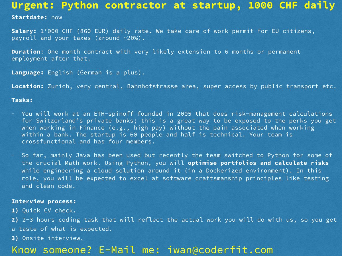 iwangulenko's tweet image. Urgently looking for Python contractors to be able to work in Zurich for at least one month. 1000 CHF daily rate.
