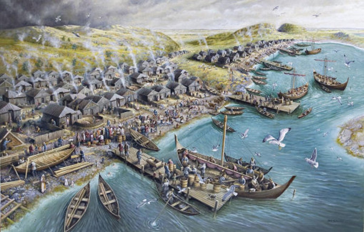 thornews's tweet photo. Kaupang Viking trading town c. 820 AD located in Vestfold, Eastern Norway. (Artist: Harald Nygård) https://t.co/A501f6bRz3