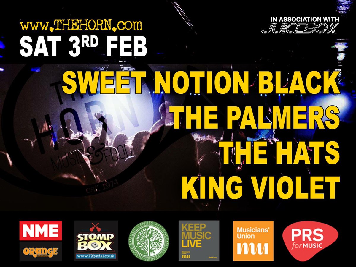 Juicebox_Indie's tweet photo. @SweetNotionB @thepalmersband @TheHatsBand &amp; King Violet @hornvenue #tonight for @IVW_UK #IVW18 https://t.co/FJzZcqYPRR