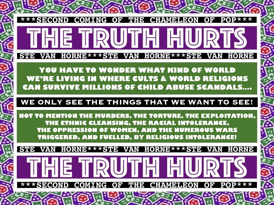 SpotifySupport3's tweet photo. You have to wonder what kind of world we are living in where #CULTS & #WorldReligions can survive millions of #ChildAbuse #scandals;
not to mention #murders, #torture, #exploitation, #extortion, #EthnicCleansing, #RacialIntolerance, #OppressionOfWomen & numerous ##ReligiousWars! https://t.co/CDwXEl4qW4