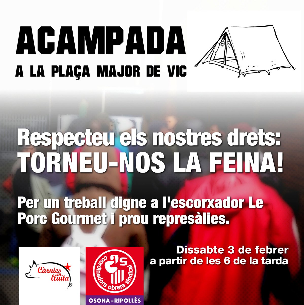 ArranOsona's tweet photo. Avui a les 5 de la tarda Taller sobre agressions masclistes al centre cívic de #Torelló, organitzat per @ArranValldelGes i SEPC Torelló!

I a partir de les 6, ACAMPADA a la plaça Major de #Vic contra l'acomiadament massiu de treballadores de l'escorxador Le Porc Gourmet! 
#osona https://t.co/4Vhz2paedu