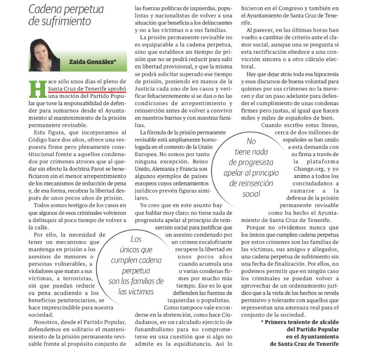 zaidasantacruz's tweet photo. Les subo mi artículo de opinión publicado hoy,en el periódico @eldia sobre la importancia de mantener la prisión permanente. Si opinan igual, les pido que lo compartan https://t.co/zsTF7duTor
