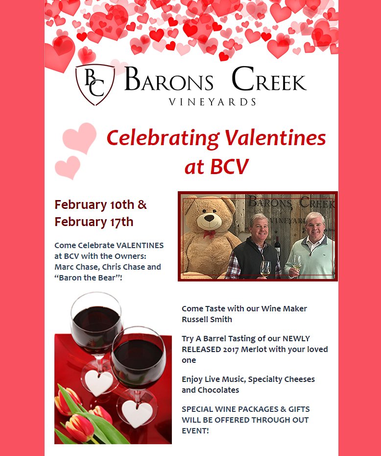 February 10th &amp; February 17th: Come Celebrate VALENTINES at BCV with the Owners: Marc Chase, Chris Chase and “Baron the Bear”!