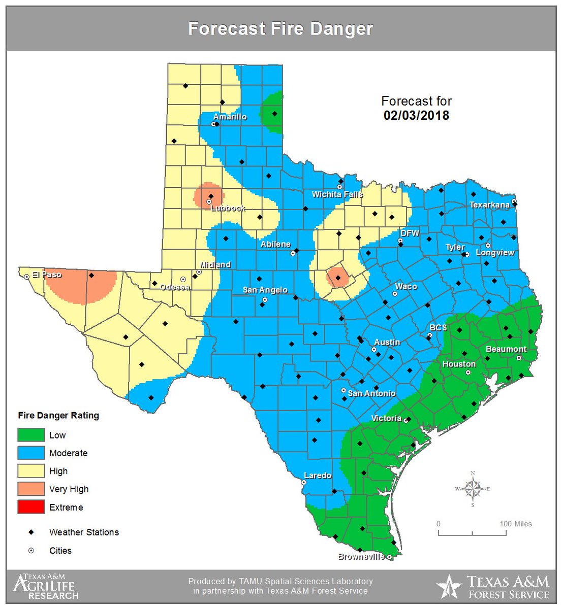 AllHazardsTFS's tweet photo. High to very high wildfire danger returns to the western Texas Panhandle and West Texas. An area to north and west of DFW is also in high to very high. #txfire #txwx https://t.co/wYsnIW4dhh