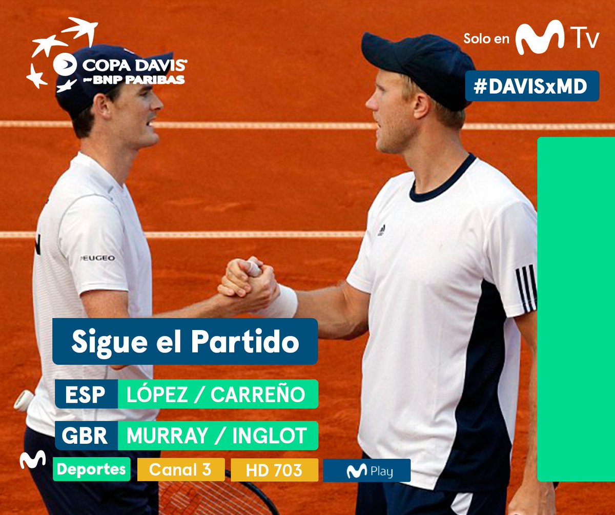 MovistarDeporPe's tweet photo. 🎾¡Vive la #DavisxMD!🎾
Ya se juega el partido entre #España 🇪🇸 (Feliciano López y Pablo Carreño)
y #GranBretaña 🇬🇧 (Jamie Murray y Dominic Inglot) en vivo por #MovistarDeportes
Disfrútalo #EnExclusiva por nuestras señales:
🖥️➡️ 003/703 HD
📲➡️ Movistar Play https://t.co/Aca8Gu7t7I