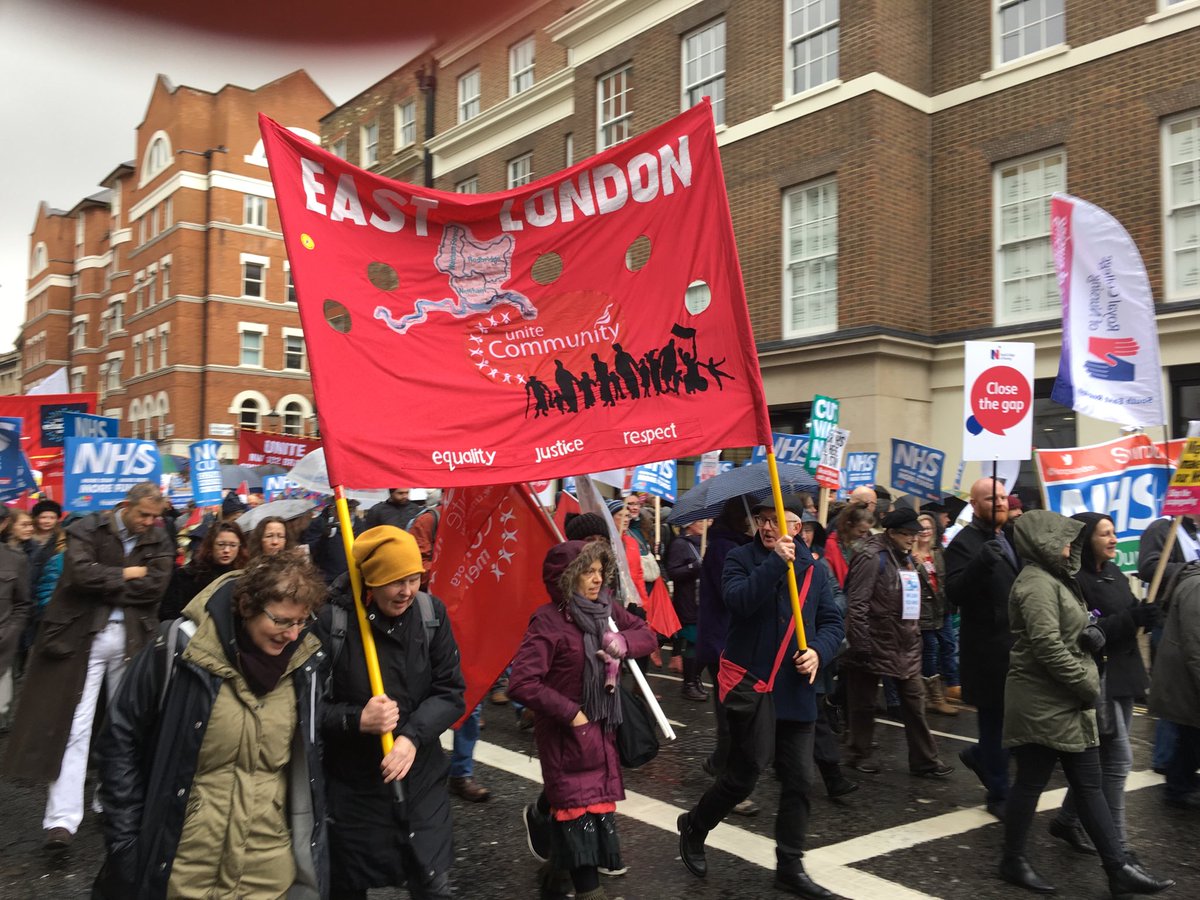unitetheunion's tweet photo. Rain can’t stop us from marching to #SaveOurNHS in London today #FixOurNHS demo. Send us your messages of support https://t.co/RocaLfMSK4