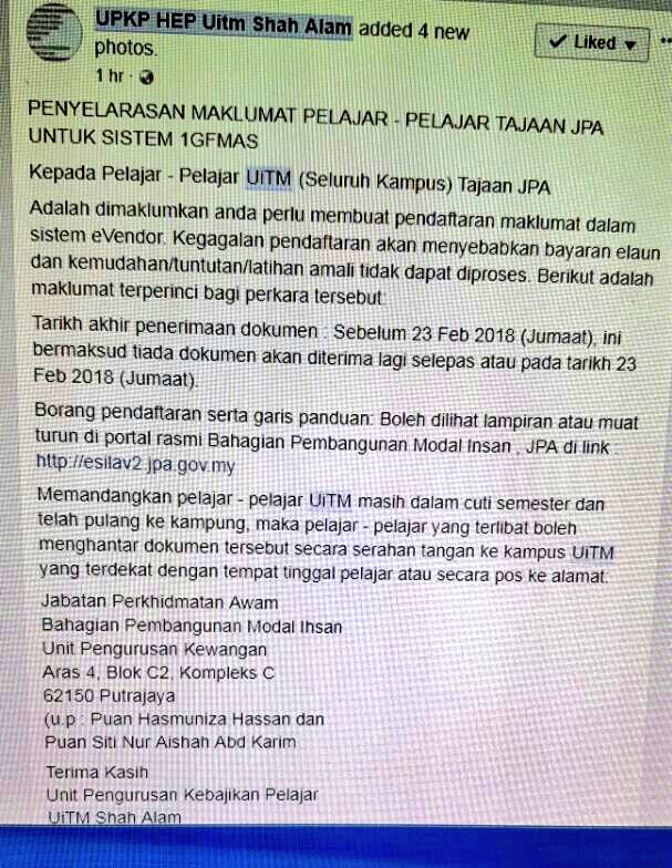 MPPUiTMKAG's tweet photo. 🔴🔴🔴 PENYELARASAN MAKLUMAT PELAJAR- PELAJAR TAJAAN JPA UNTUK SISTEM 1GFMAS

Perhatian kepada pelajar-pelajar UITM tajaan JPA.

Adalah dimaklumkan bahawa anda perlu membuat pendaftaran maklumat dalam sistem eVendor. 

🔴Tarikh akhir penerimaan dokumen: 23 FEBRUARI 2018 https://t.co/doMwVAekSD