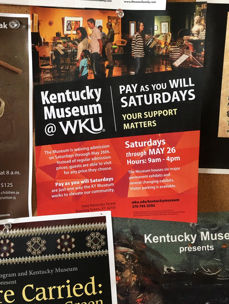 TheKYMuseum's tweet photo. Head on out to the Kentucky Museum today for "Pay As You Will Saturday!" Every Saturday from now until May 26th museum admission will be made by a donation -- of ANY amount -- instead of regular admission price! We're open 9 AM - 4 PM! #wku #visitbgky #kyfamilyfun #kentuckymuseum https://t.co/jy8YWQCK1u