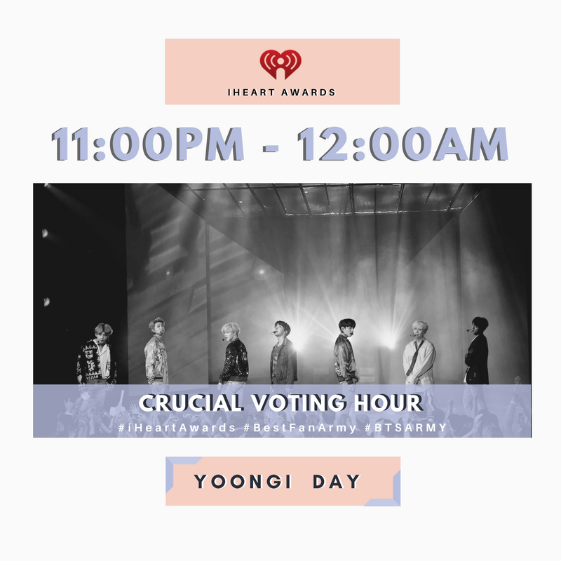 btsanalytics's tweet photo. 🚨 Crucial Voting Hour 🚨

Mass Tweet+RT your votes with pictures / gifs under → YOONGI DAY! This next voting hour is crucial as #2 vote rate usually peaks. To ensure we widen the gap, let's keep BTS' rate as high as possible this next hour.

#iHeartAwards #BestFanArmy #BTSARMY https://t.co/QDhkUSzIbM