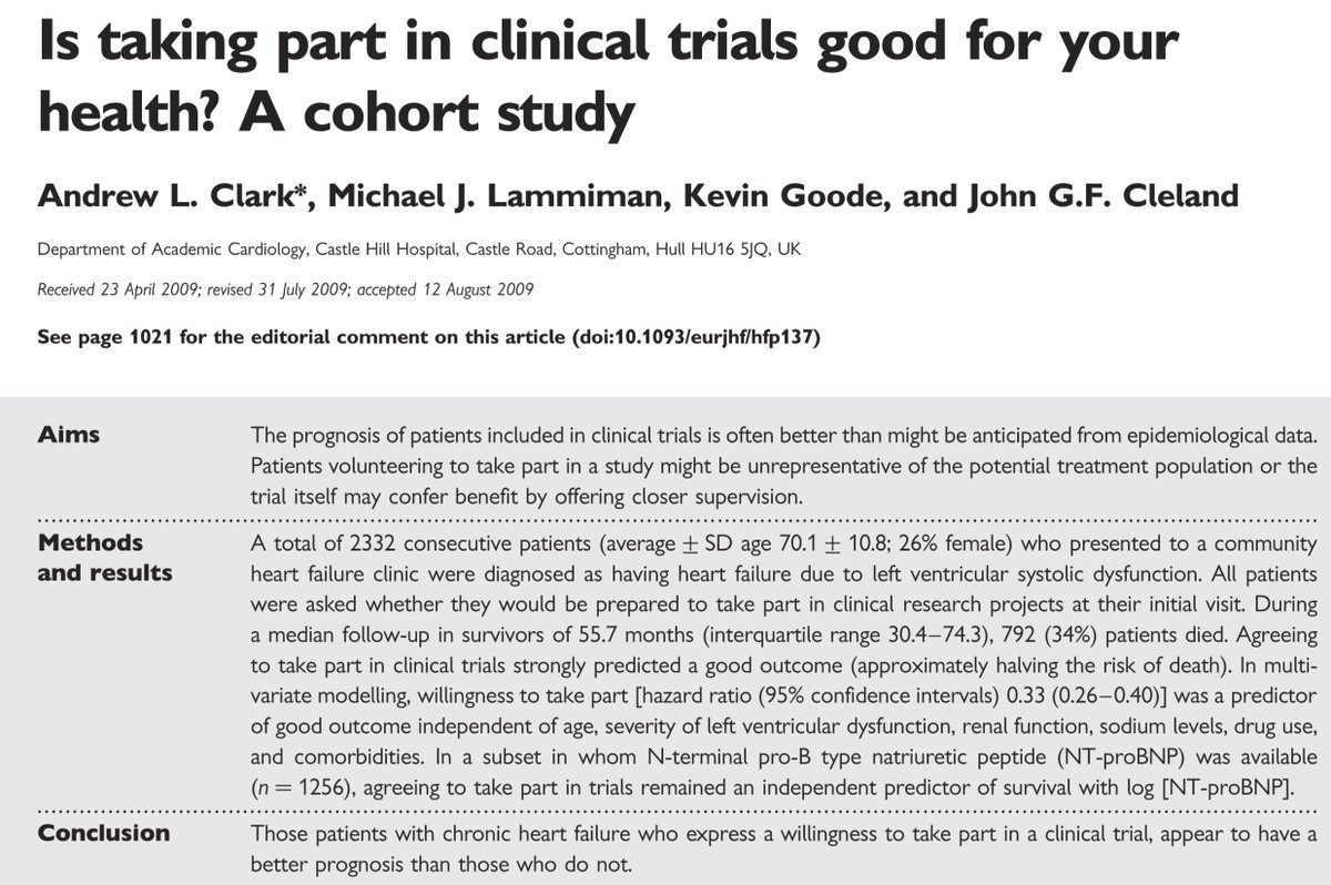 Those who say yes, have better outcomes EVEN IF THERE IS NO TRIAL and you are just asking them in principle if they would consider being in a trial.

Shocking but actually true ... Here is Andrew Clark showing this in Heart Failure
onlinelibrary.wiley.com/doi/10.1093/eu…