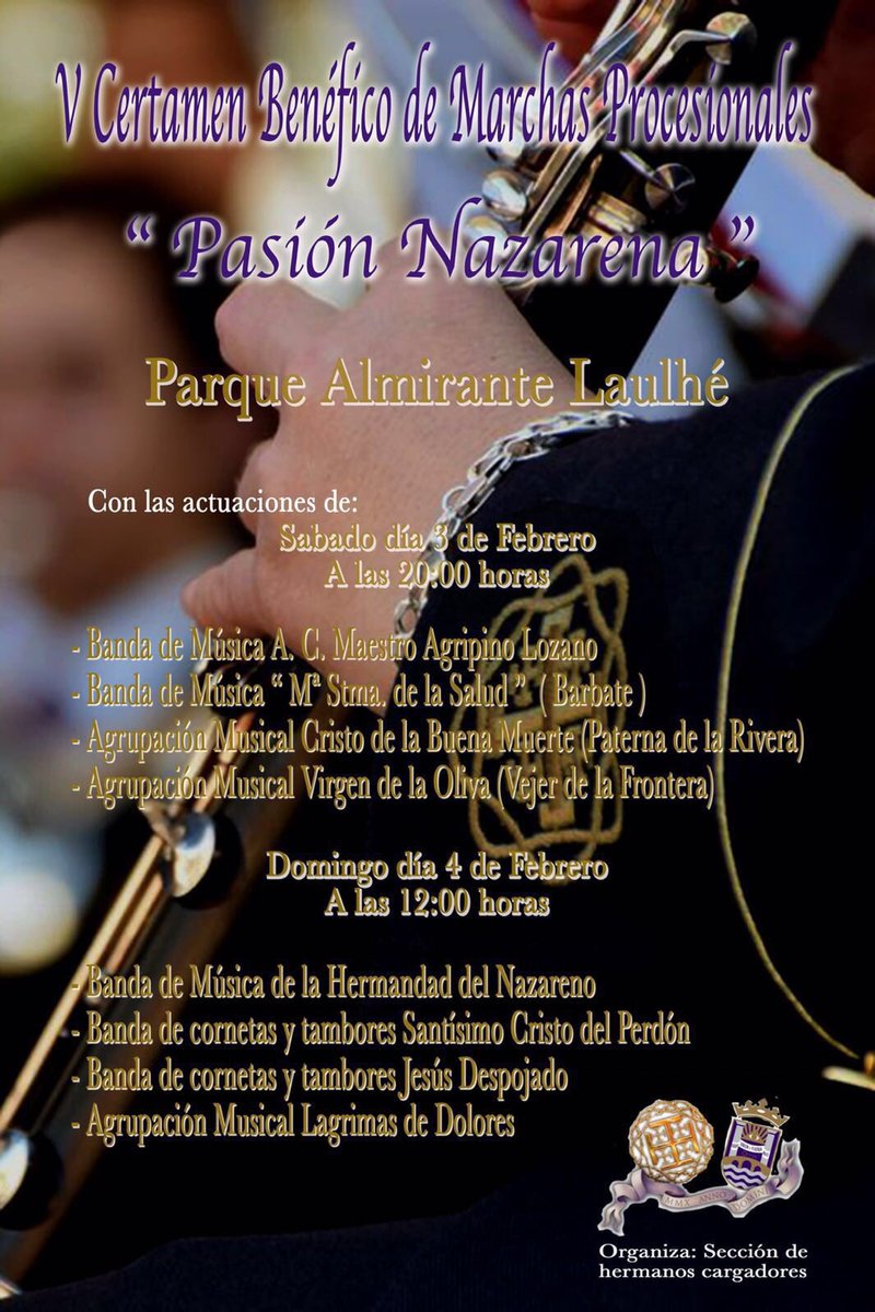 Hoy a partir de las 20:00 estaremos en el Parque Almirante Laulhé de San Fernando junto a <a href="/agripinolozano/">BM Agripino Lozano - Cruz Roja</a> <a href="/VirgendelaOliva/">Agrupación Musical Virgen de la Oliva</a> y <a href="/BuenaMuerteAM/">AM Buena Muerte.</a> en el Certamen “Pasión Nazarena”