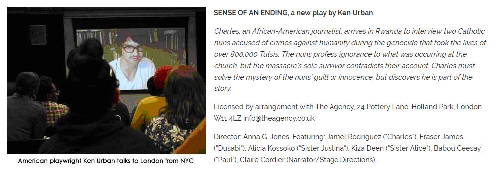 TimeWaveStudio's tweet photo. In Ken Urban's "Sense of an Ending" takes on genocide in Rwanda at Google Campus London. #YaleDrama's Anna Jones directed - powerful black British actors Babou Ceesay and Fraser James in cast. #YaleDrama actor Jamel Rodriguez as lead. #VelocityLab #TimewaveHistory https://t.co/HG2KT1R2TR